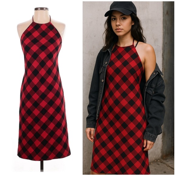 Ralph Lauren Vintage Halter Dress 90s Red Black Buffalo Plaid Check Wool 4 XS S - Picture 1 of 7